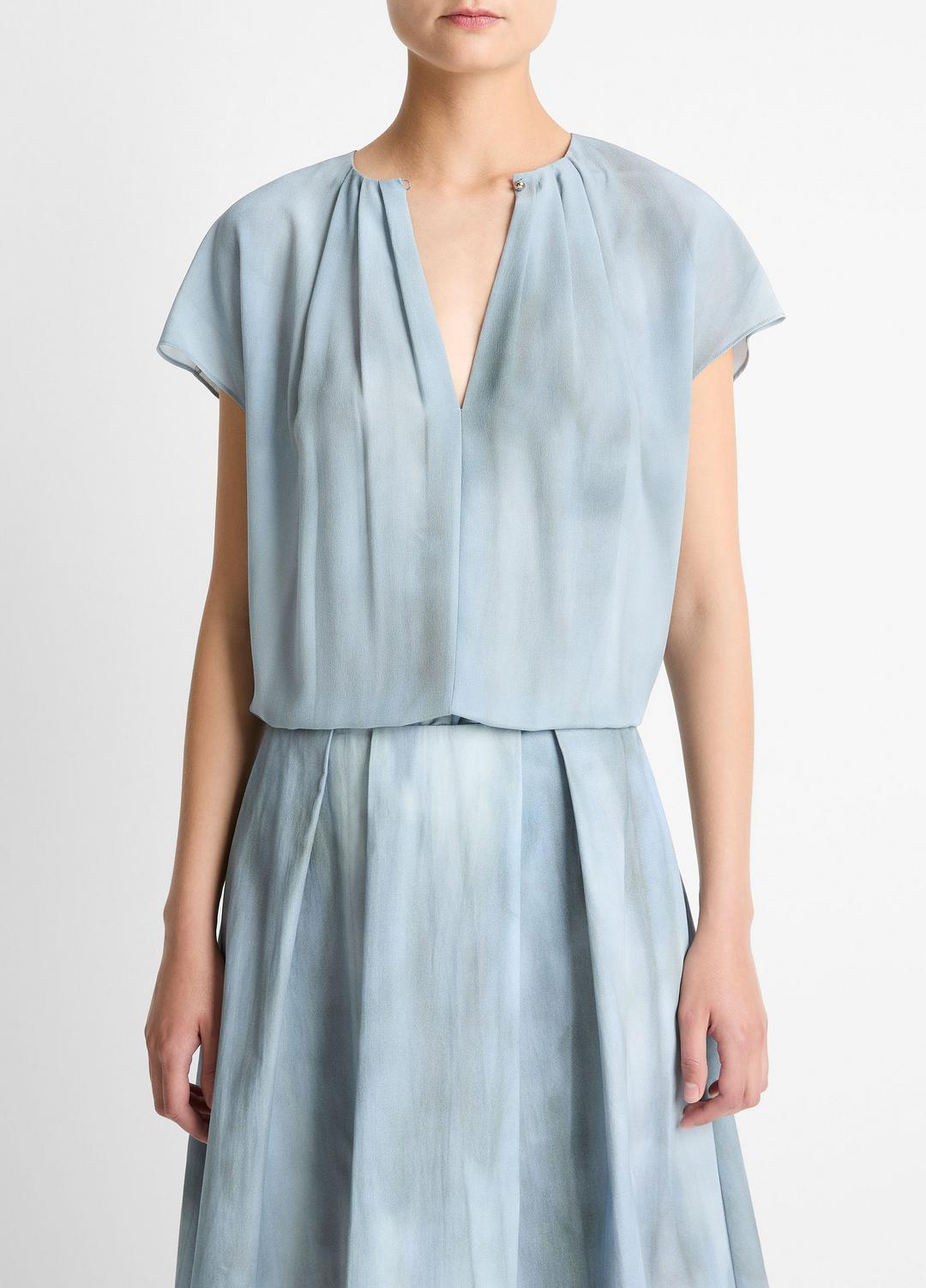 VINCE Women Washed Ombré Silk Gathered Cap-Sleeve Blouse in Short Sleeve AZURA WASH