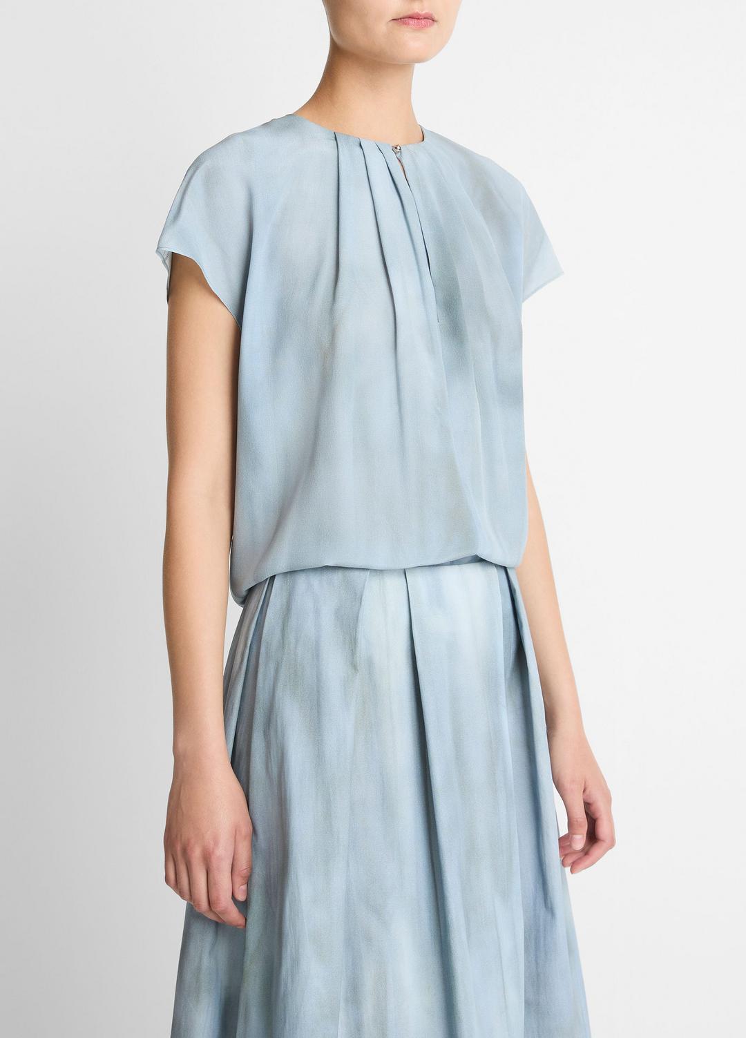 VINCE Women Washed Ombré Silk Gathered Cap-Sleeve Blouse in Short Sleeve AZURA WASH