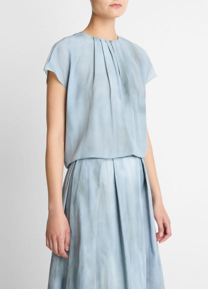 VINCE Women Washed Ombré Silk Gathered Cap-Sleeve Blouse in Short Sleeve AZURA WASH