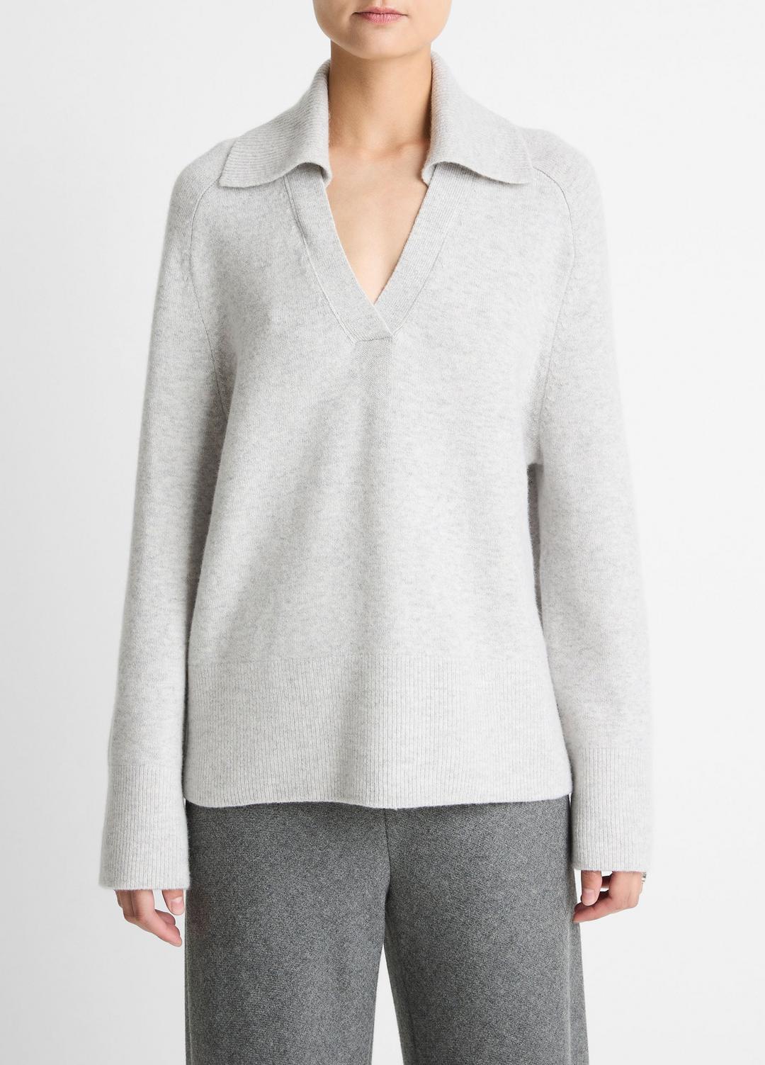 VINCE Women Wool & Cashmere-Blend Oversized Polo Sweater in V-Neck HEATHER PALE GREY