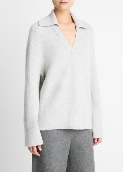 VINCE Women Wool & Cashmere-Blend Oversized Polo Sweater in V-Neck HEATHER PALE GREY