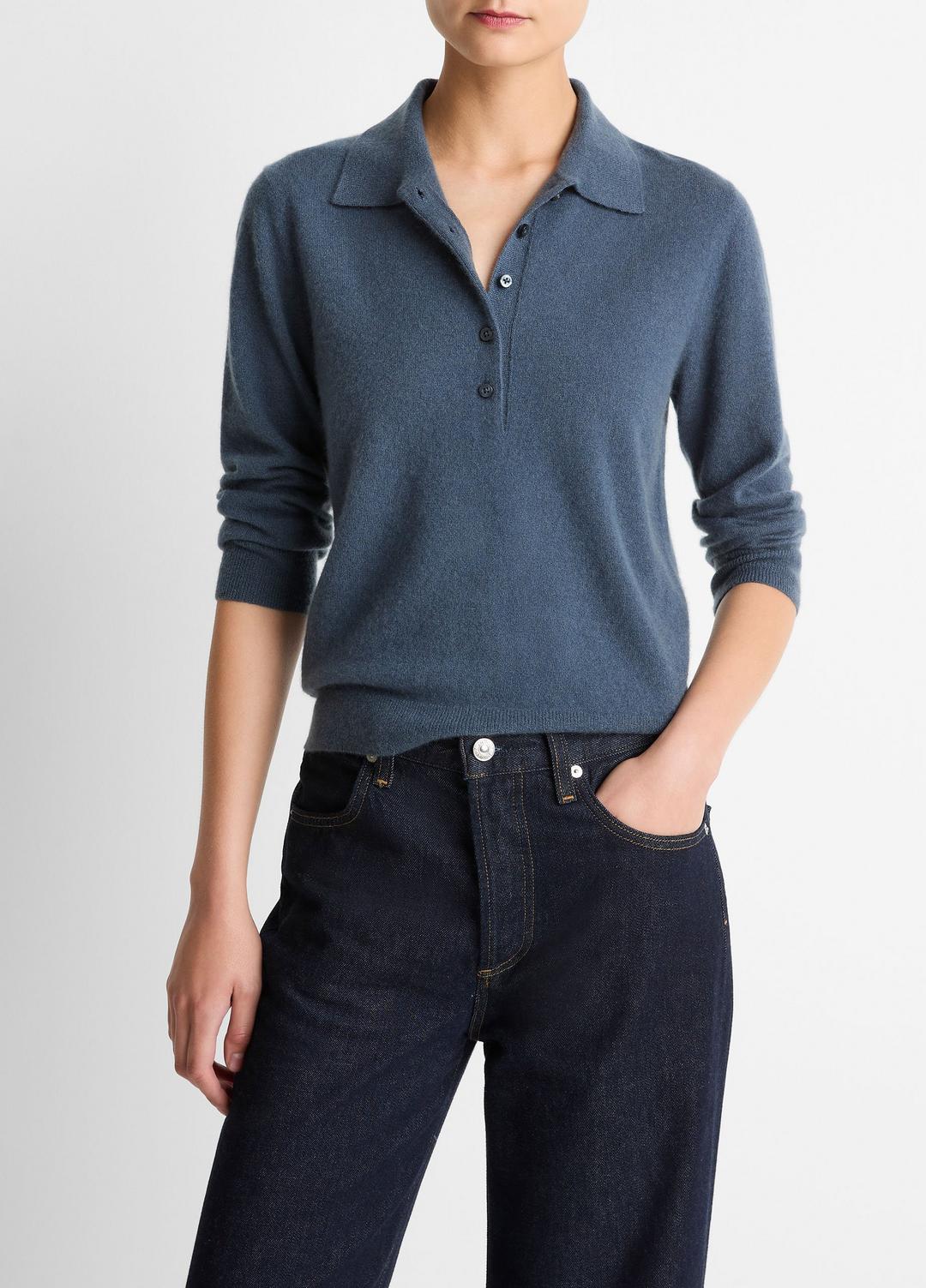 VINCE Women Cashmere-Silk Polo Sweater in Cashmere AZURA