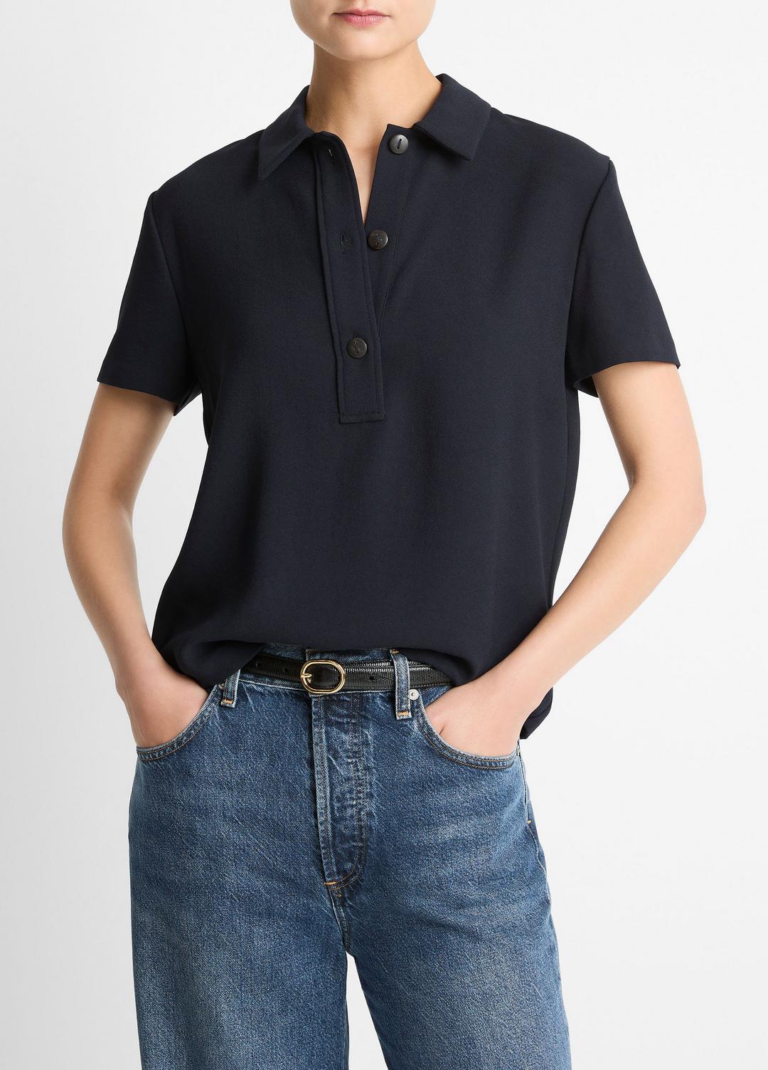 VINCE Women Crepe Polo Shirt in Short Sleeve COASTAL BLUE