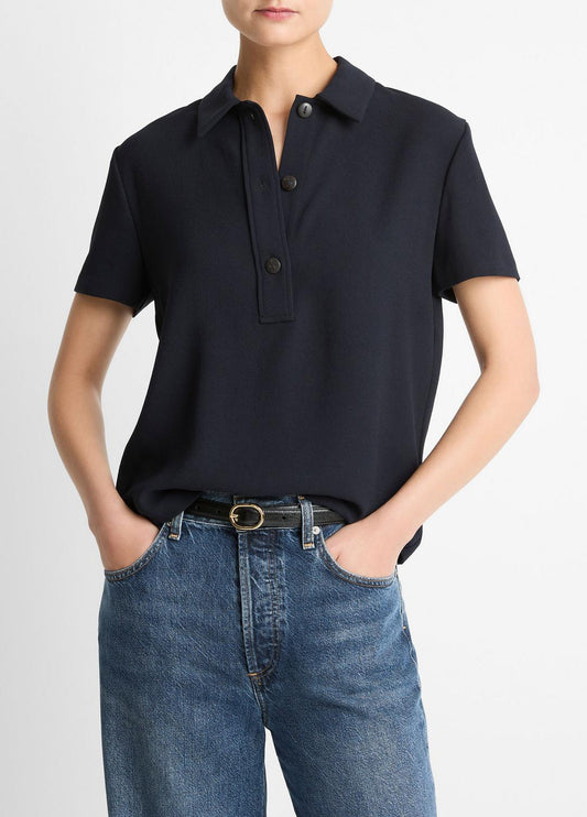 VINCE Women Crepe Polo Shirt in Short Sleeve COASTAL BLUE