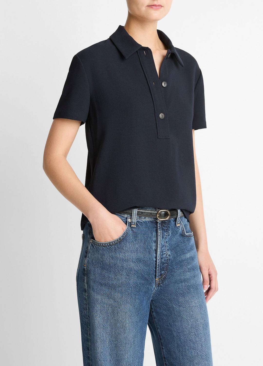 VINCE Women Crepe Polo Shirt in Short Sleeve COASTAL BLUE