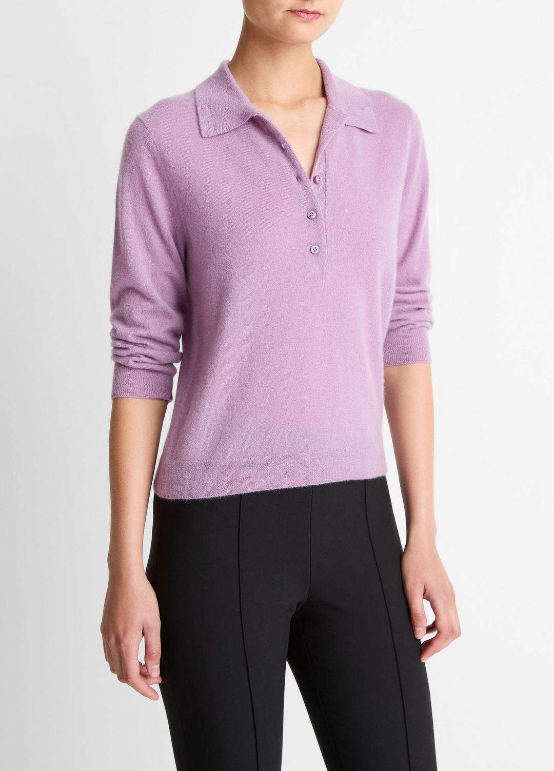 VINCE Women Cashmere-Silk Polo Sweater in Cashmere MULBERRY