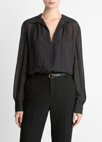 VINCE Women Metallic-Stripe Gathered Blouse in Long Sleeve BLACK