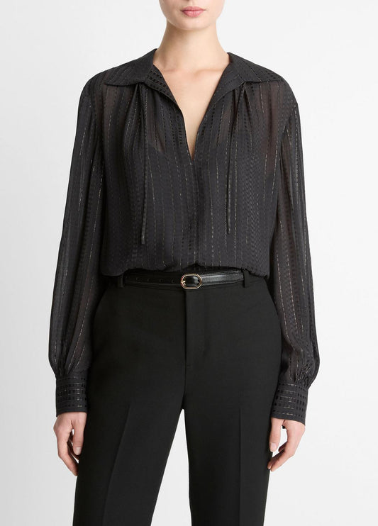 VINCE Women Metallic-Stripe Gathered Blouse in Long Sleeve BLACK
