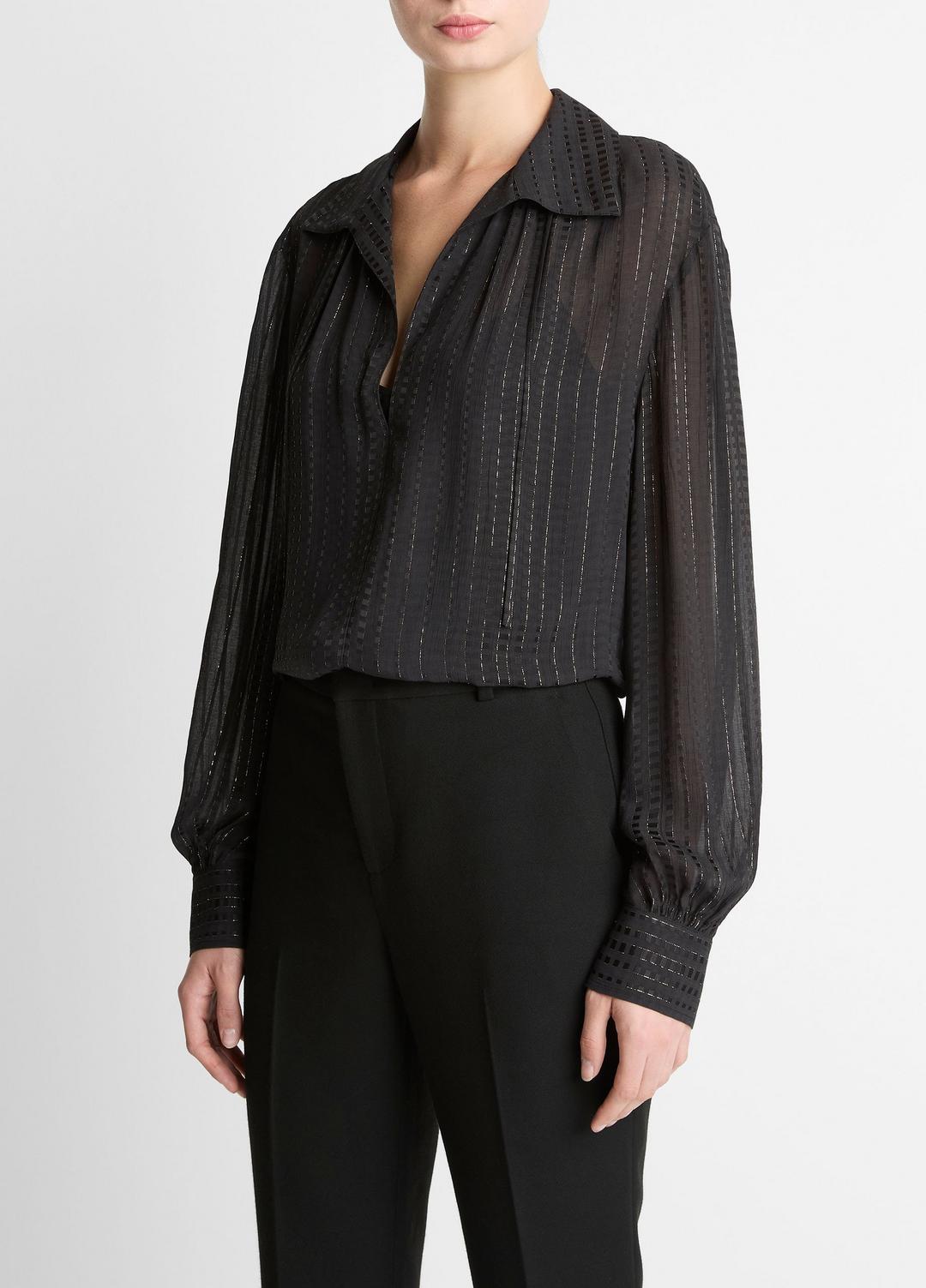 VINCE Women Metallic-Stripe Gathered Blouse in Long Sleeve BLACK