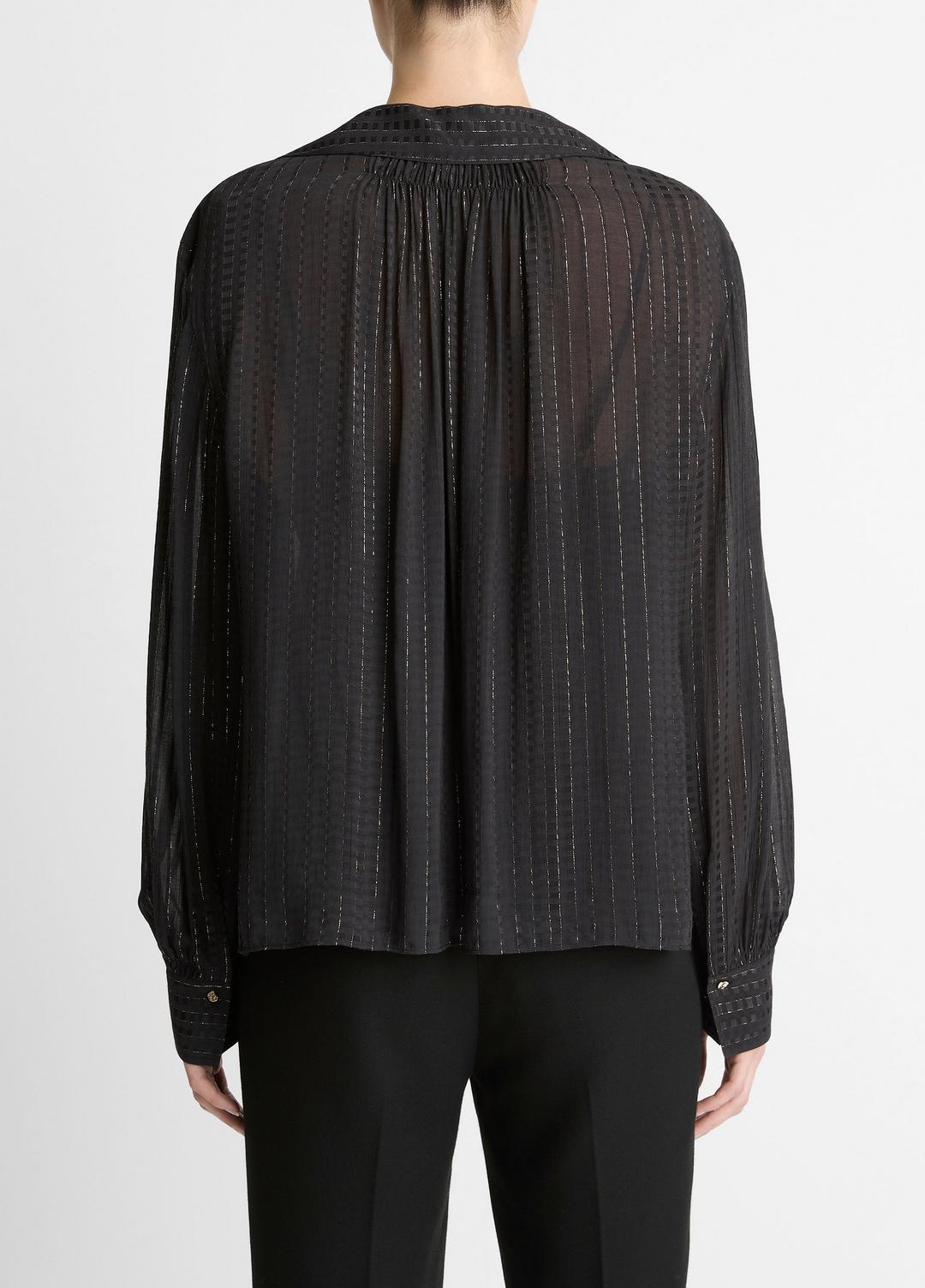 VINCE Women Metallic-Stripe Gathered Blouse in Long Sleeve BLACK