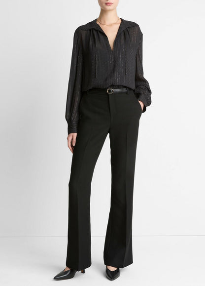 VINCE Women Metallic-Stripe Gathered Blouse in Long Sleeve BLACK