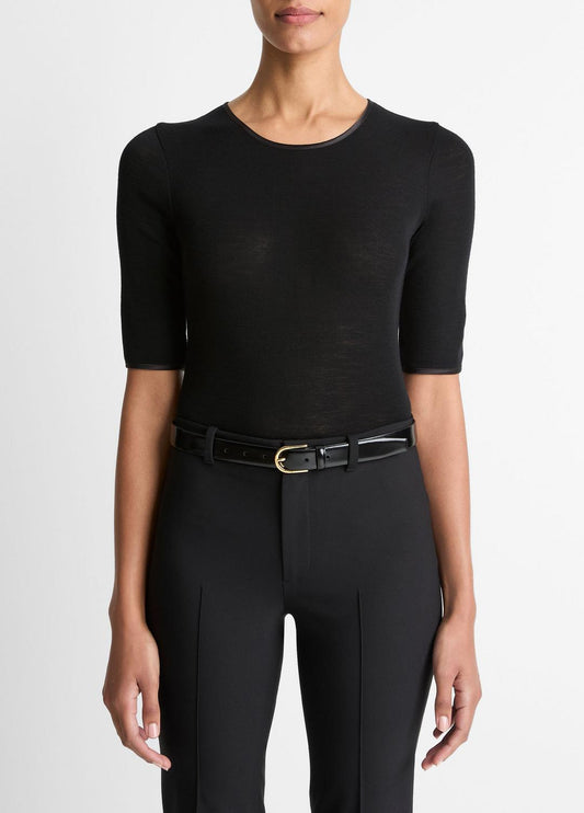 VINCE Women Satin-Trim Wool Elbow-Sleeve T-Shirt in Short Sleeve BLACK