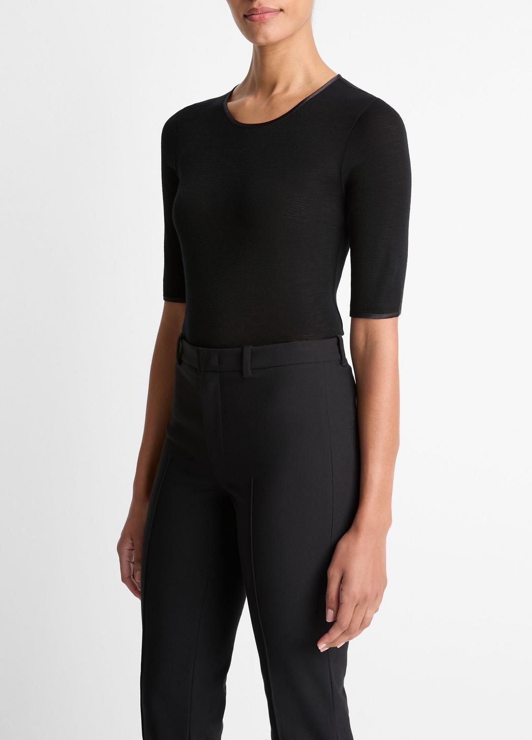 VINCE Women Satin-Trim Wool Elbow-Sleeve T-Shirt in Short Sleeve BLACK