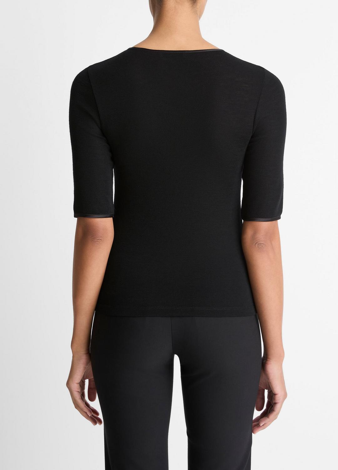VINCE Women Satin-Trim Wool Elbow-Sleeve T-Shirt in Short Sleeve BLACK