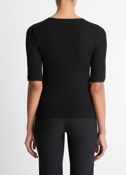 VINCE Women Satin-Trim Wool Elbow-Sleeve T-Shirt in Short Sleeve BLACK