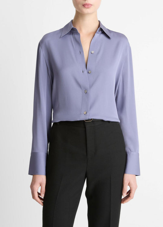 VINCE Women Stretch-Silk Button-Front Blouse in Long Sleeve MAUVE IRIS
