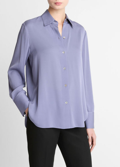 VINCE Women Stretch-Silk Button-Front Blouse in Long Sleeve MAUVE IRIS