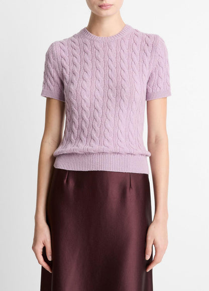 VINCE Women Cable-Knit Wool & Cashmere-Blend Short-Sleeve Sweater in Crew Neck AMETHYST
