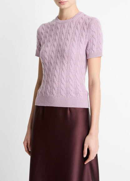 VINCE Women Cable-Knit Wool & Cashmere-Blend Short-Sleeve Sweater in Crew Neck AMETHYST
