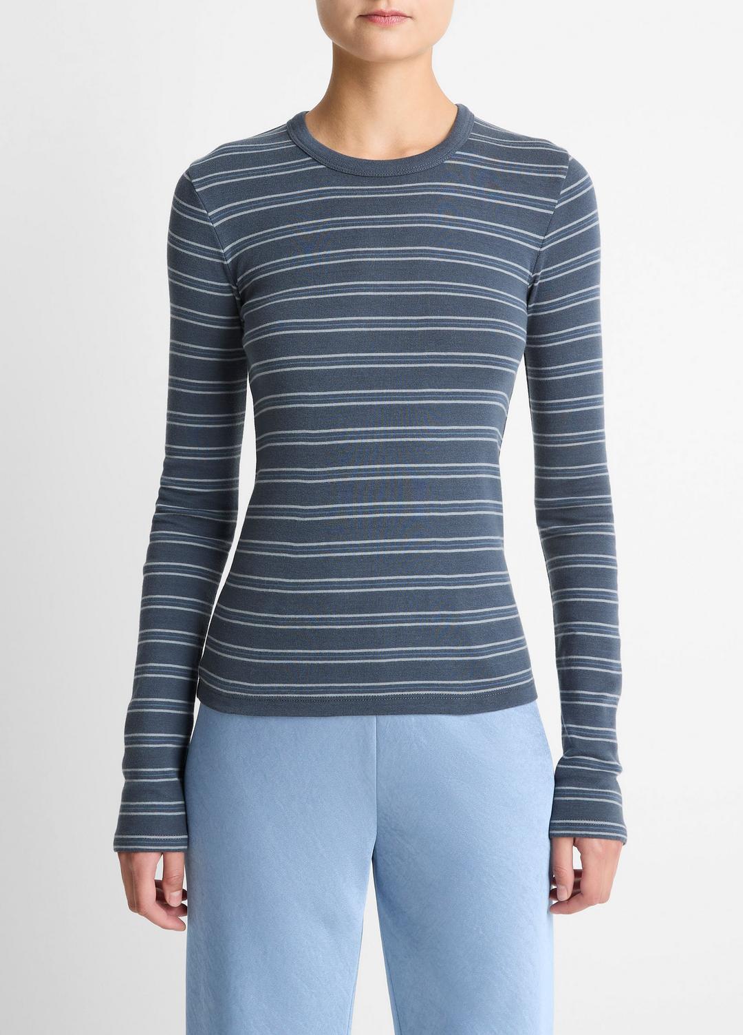 VINCE Women Striped Pima Cotton-Blend Long-Sleeve T-Shirt in Long Sleeve AZURA COMBO