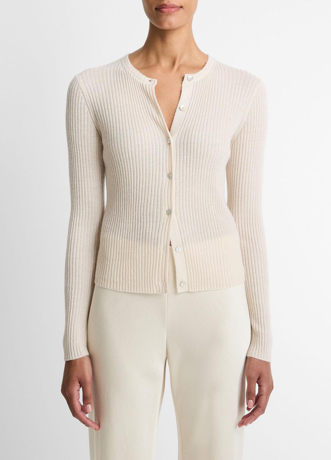 VINCE Women Ribbed Cashmere-Silk Cardigan in Cardigans WHITE SAND