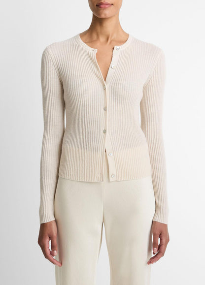 VINCE Women Ribbed Cashmere-Silk Cardigan in Cardigans WHITE SAND