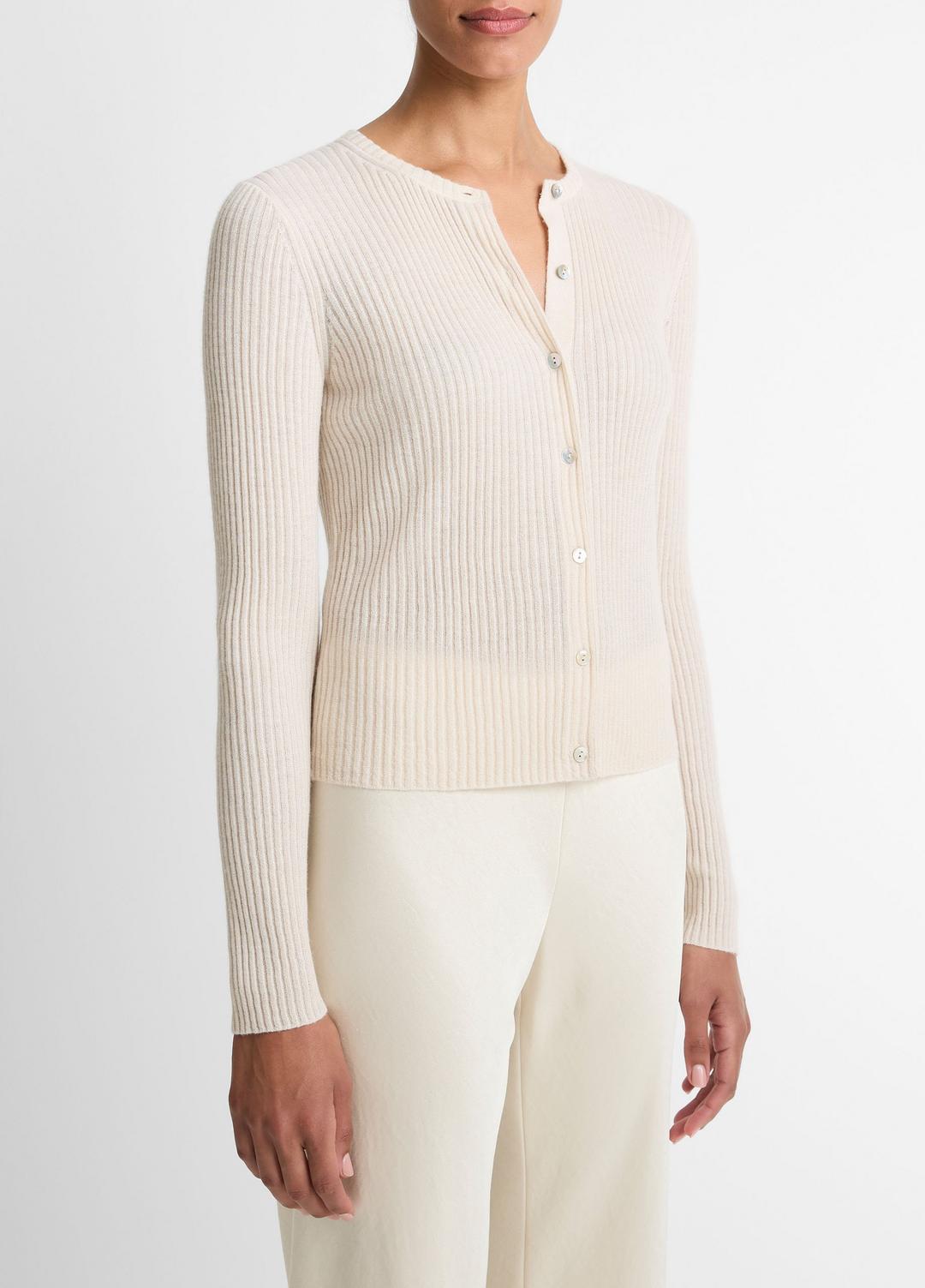 VINCE Women Ribbed Cashmere-Silk Cardigan in Cardigans WHITE SAND