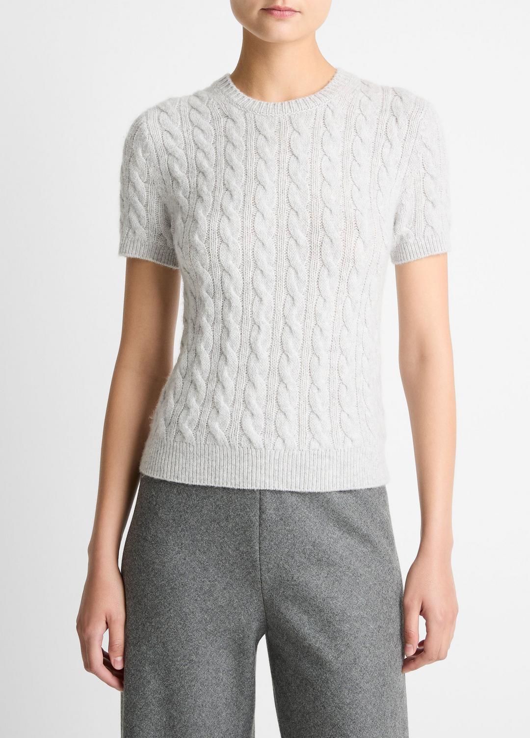 VINCE Women Cable-Knit Wool & Cashmere-Blend Short-Sleeve Sweater in Crew Neck HEATHER PALE GREY