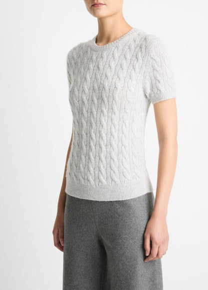 VINCE Women Cable-Knit Wool & Cashmere-Blend Short-Sleeve Sweater in Crew Neck HEATHER PALE GREY
