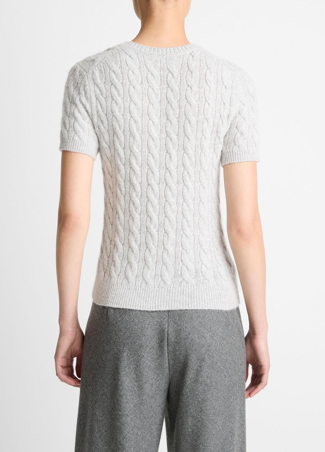 VINCE Women Cable-Knit Wool & Cashmere-Blend Short-Sleeve Sweater in Crew Neck HEATHER PALE GREY