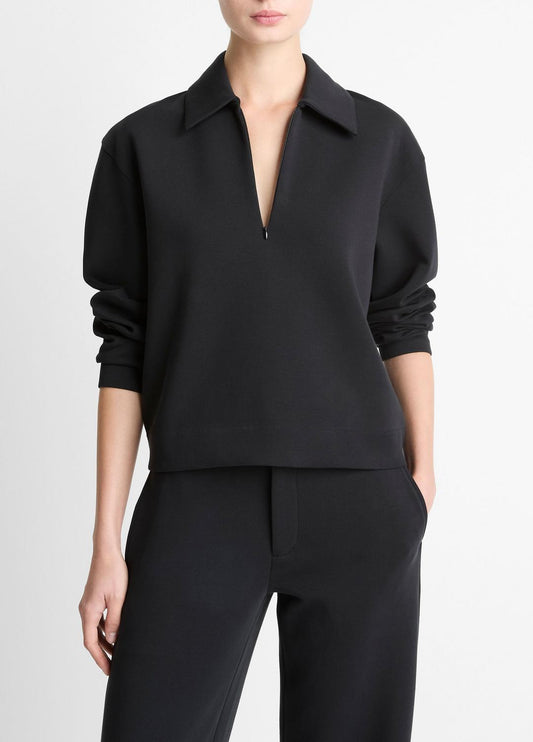 VINCE Women Cotton-Blend Half-Zip Pullover in Long Sleeve BLACK