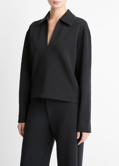 VINCE Women Cotton-Blend Half-Zip Pullover in Long Sleeve BLACK