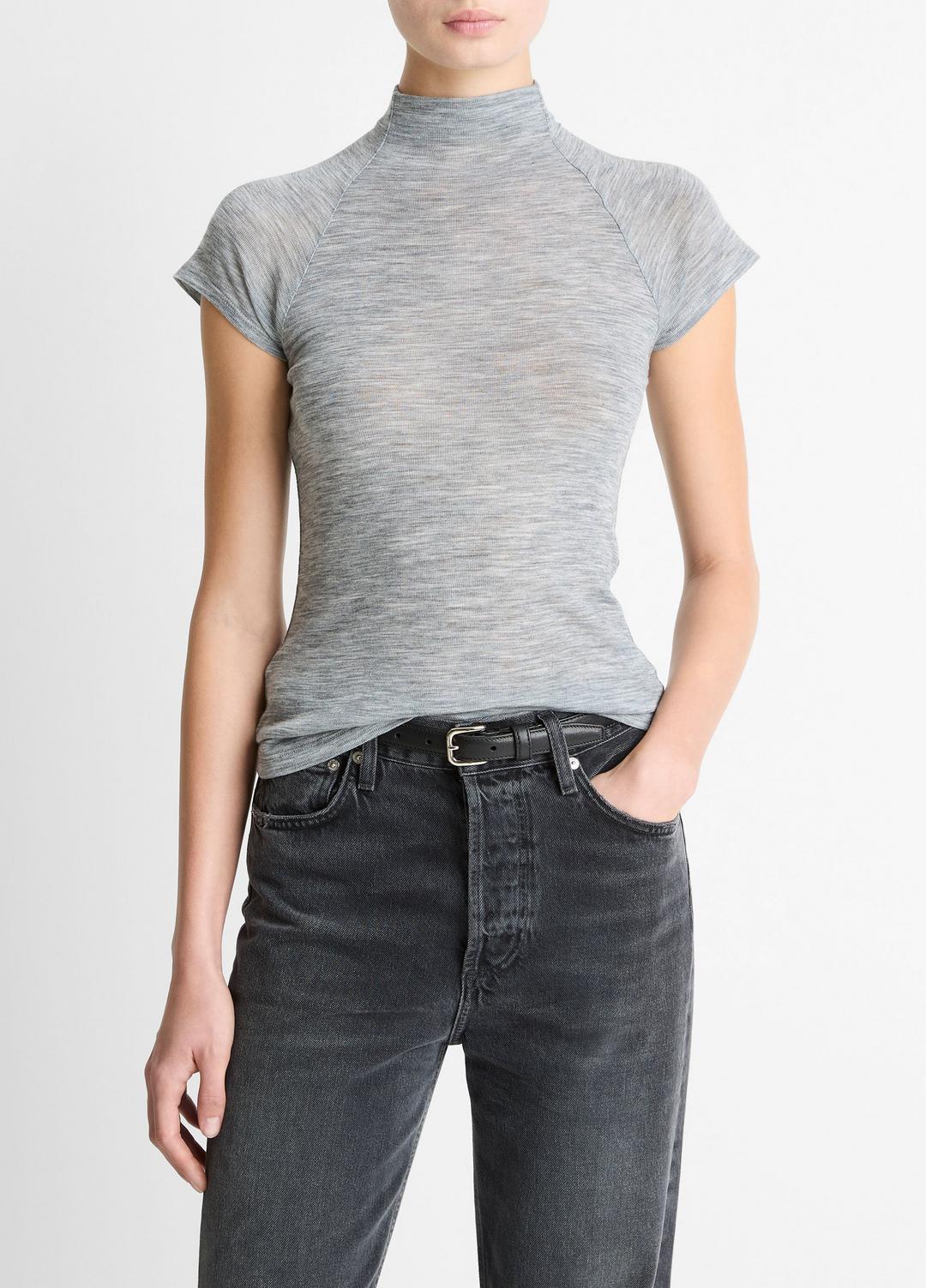 VINCE Women Wool Raglan Cap-Sleeve Mock-Neck Top in Short Sleeve HEATHER THISTLE