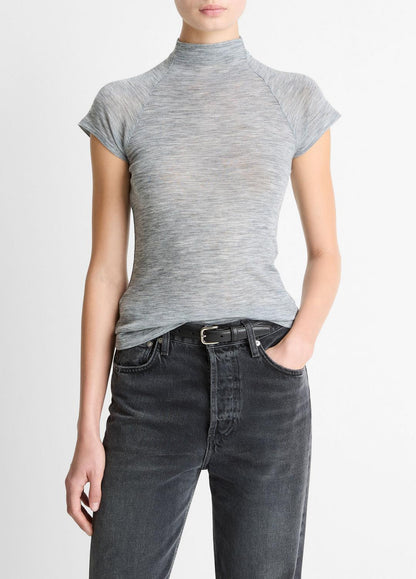 VINCE Women Wool Raglan Cap-Sleeve Mock-Neck Top in Short Sleeve HEATHER THISTLE