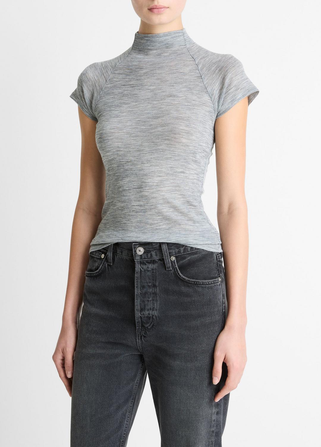 VINCE Women Wool Raglan Cap-Sleeve Mock-Neck Top in Short Sleeve HEATHER THISTLE