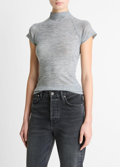 VINCE Women Wool Raglan Cap-Sleeve Mock-Neck Top in Short Sleeve HEATHER THISTLE