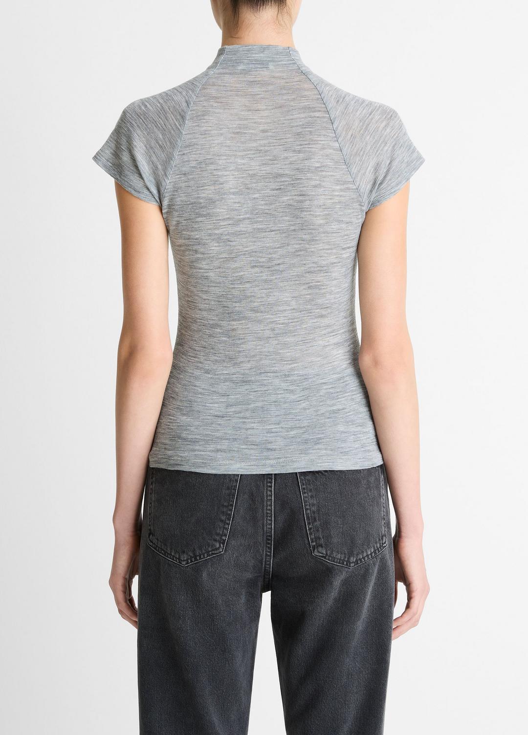 VINCE Women Wool Raglan Cap-Sleeve Mock-Neck Top in Short Sleeve HEATHER THISTLE