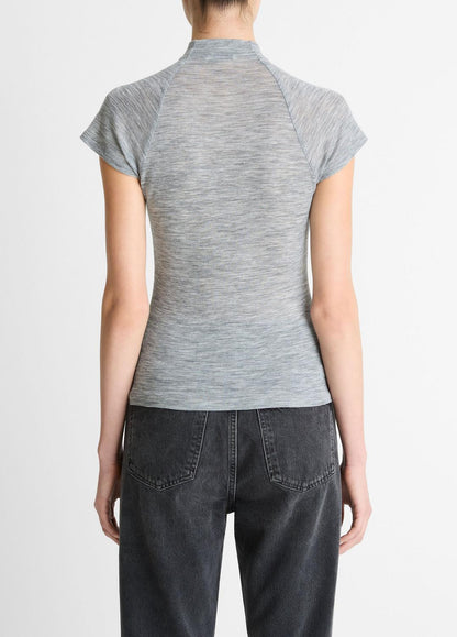 VINCE Women Wool Raglan Cap-Sleeve Mock-Neck Top in Short Sleeve HEATHER THISTLE
