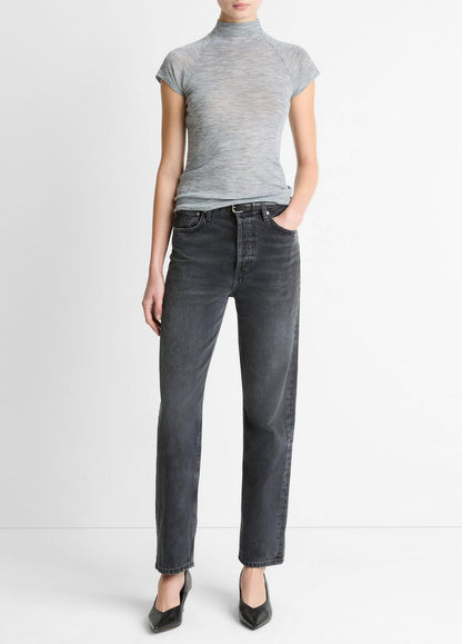 VINCE Women Wool Raglan Cap-Sleeve Mock-Neck Top in Short Sleeve HEATHER THISTLE