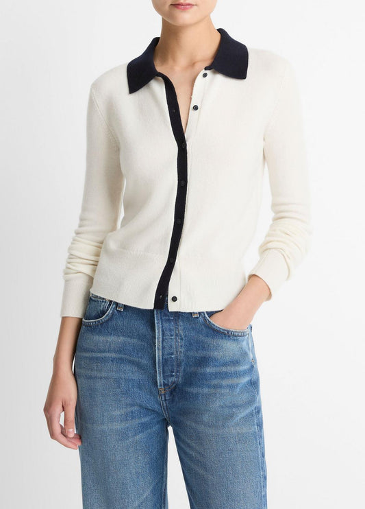 VINCE Women Contrast-Trim Wool & Cashmere-Blend Collared Cardigan in Cardigans OFF WHITE/COASTAL BLUE