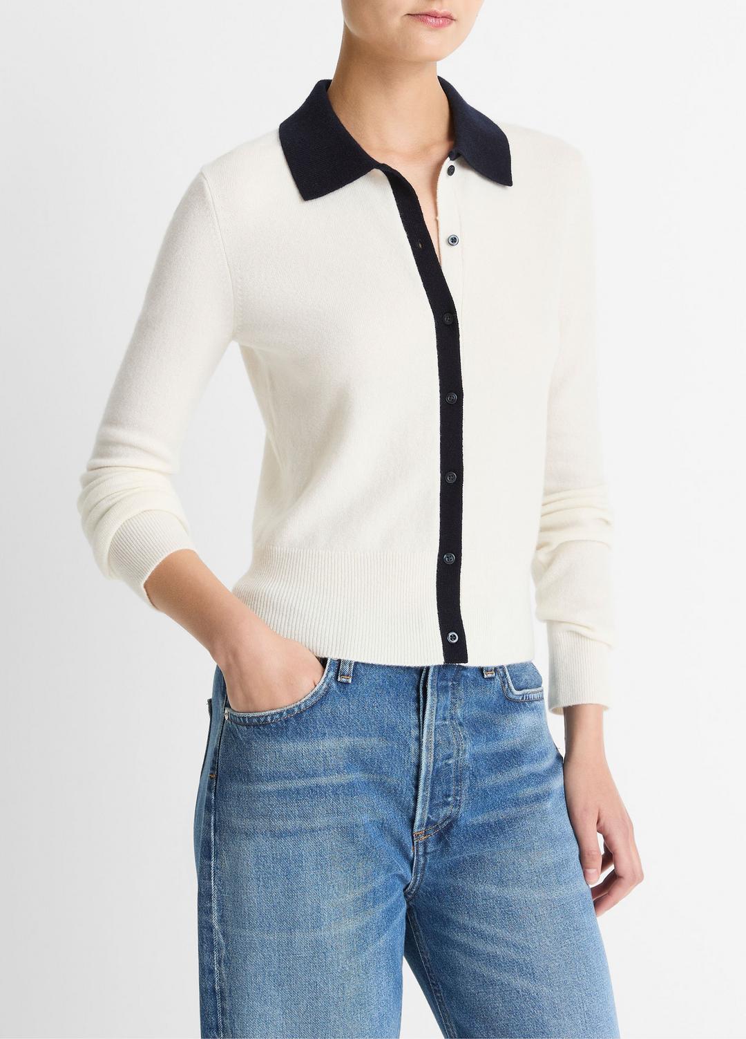 VINCE Women Contrast-Trim Wool & Cashmere-Blend Collared Cardigan in Cardigans OFF WHITE/COASTAL BLUE