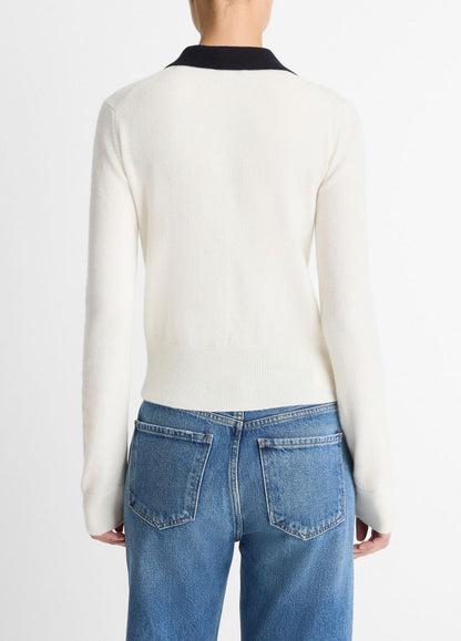 VINCE Women Contrast-Trim Wool & Cashmere-Blend Collared Cardigan in Cardigans OFF WHITE/COASTAL BLUE