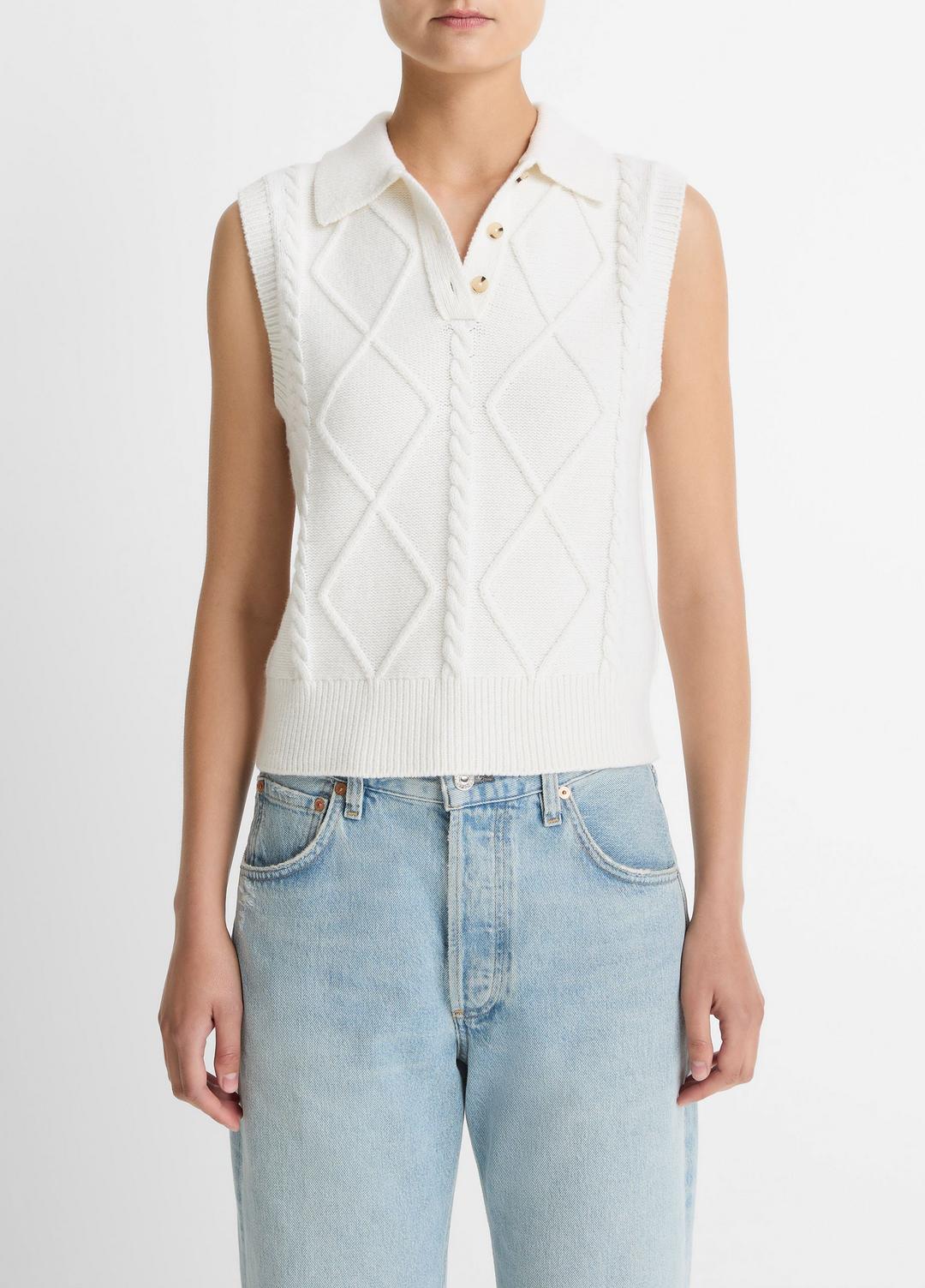 VINCE Women Cable-Knit Wool & Cotton-Blend Sweater Vest in V-Neck OFF WHITE