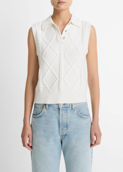 VINCE Women Cable-Knit Wool & Cotton-Blend Sweater Vest in V-Neck OFF WHITE