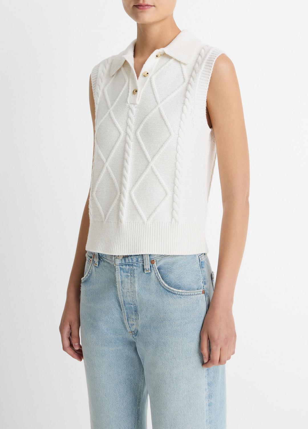 VINCE Women Cable-Knit Wool & Cotton-Blend Sweater Vest in V-Neck OFF WHITE
