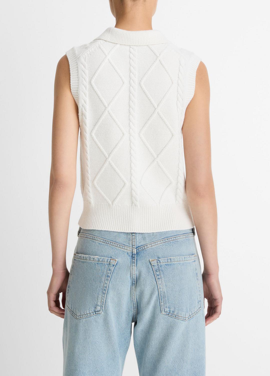 VINCE Women Cable-Knit Wool & Cotton-Blend Sweater Vest in V-Neck OFF WHITE
