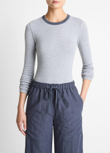 VINCE Women Tipped Heathered Pima Cotton-Blend Long-Sleeve T-Shirt in Long Sleeve HEATHER THISTLE COMBO
