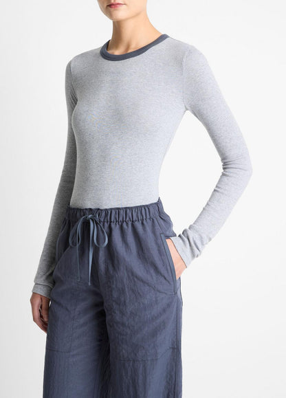 VINCE Women Tipped Heathered Pima Cotton-Blend Long-Sleeve T-Shirt in Long Sleeve HEATHER THISTLE COMBO