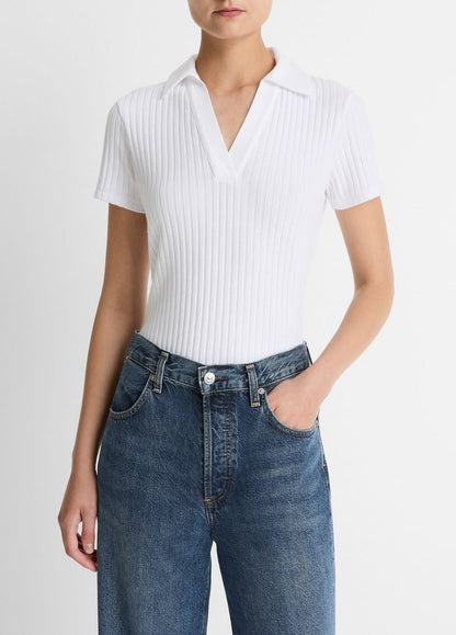 VINCE Women Ribbed Cotton-Blend Polo Shirt in Short Sleeve OPTIC WHITE