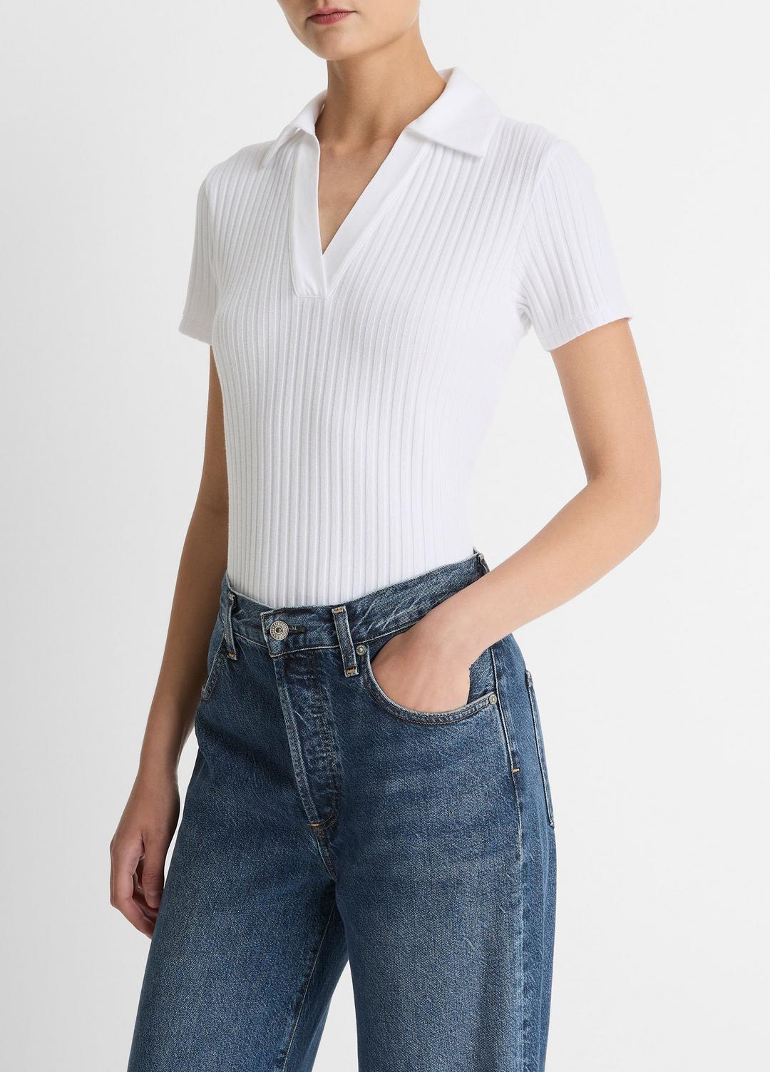 VINCE Women Ribbed Cotton-Blend Polo Shirt in Short Sleeve OPTIC WHITE